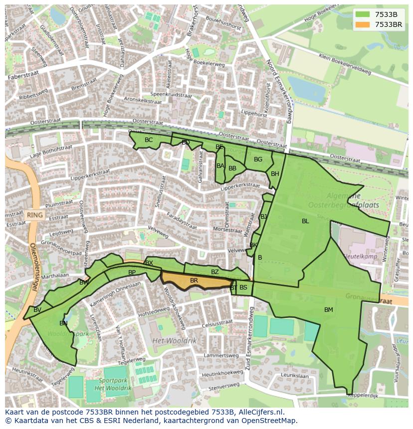 Afbeelding van het postcodegebied 7533 BR op de kaart.