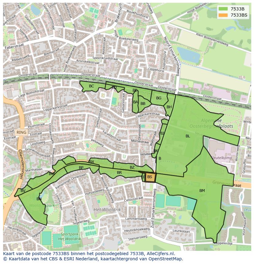 Afbeelding van het postcodegebied 7533 BS op de kaart.