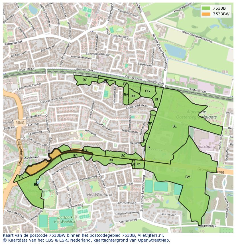 Afbeelding van het postcodegebied 7533 BW op de kaart.
