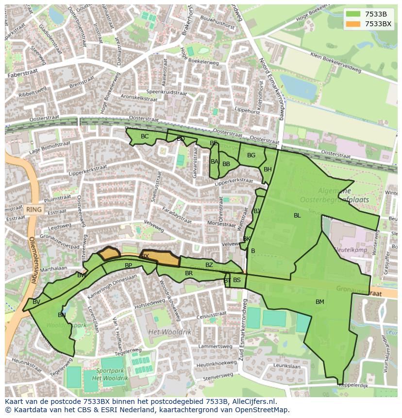 Afbeelding van het postcodegebied 7533 BX op de kaart.