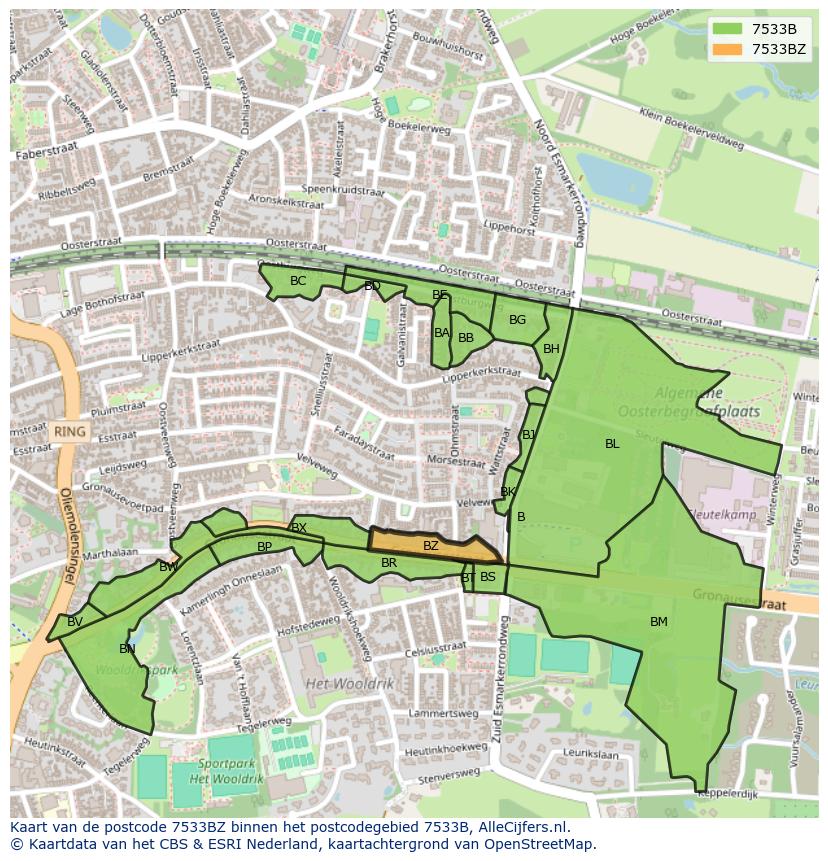 Afbeelding van het postcodegebied 7533 BZ op de kaart.