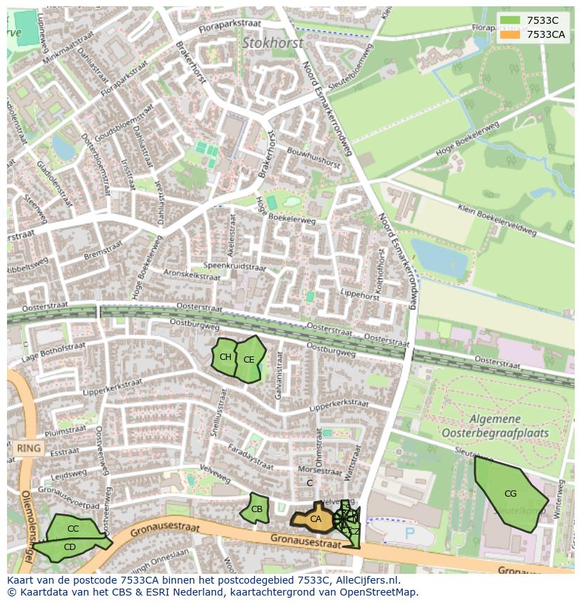 Afbeelding van het postcodegebied 7533 CA op de kaart.