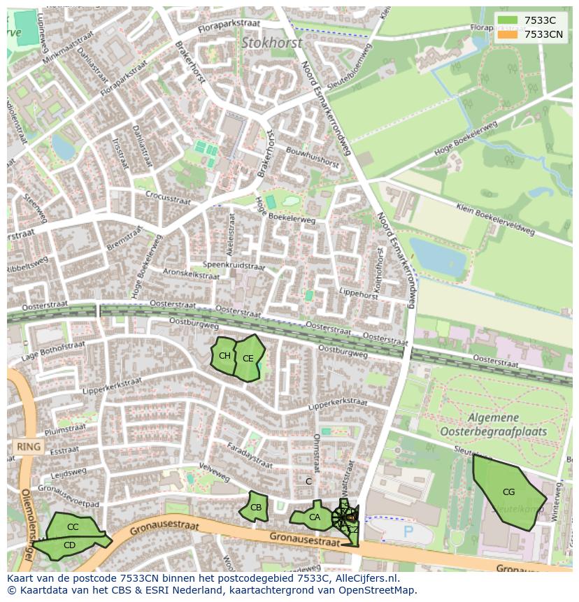 Afbeelding van het postcodegebied 7533 CN op de kaart.