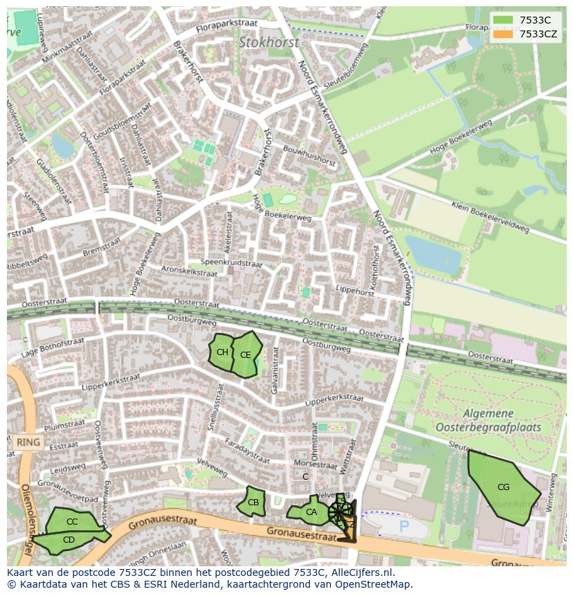 Afbeelding van het postcodegebied 7533 CZ op de kaart.