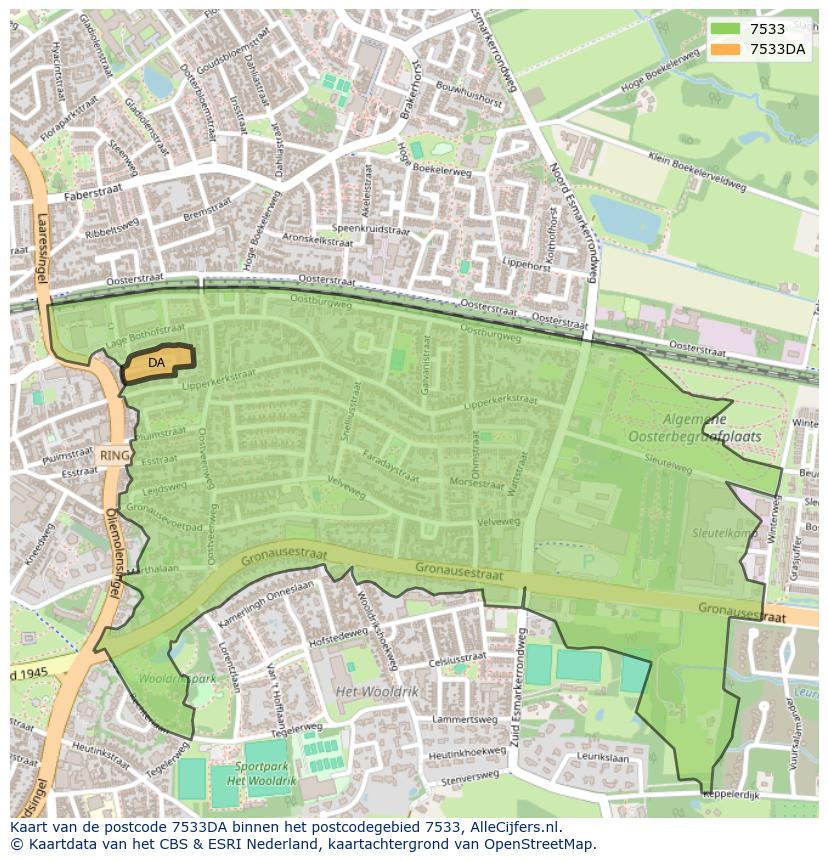 Afbeelding van het postcodegebied 7533 DA op de kaart.