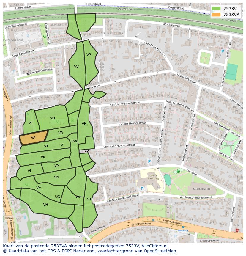Afbeelding van het postcodegebied 7533 VA op de kaart.