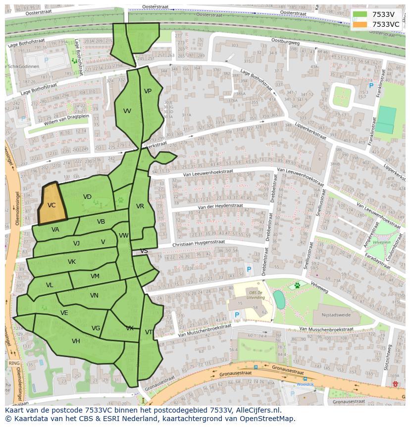 Afbeelding van het postcodegebied 7533 VC op de kaart.