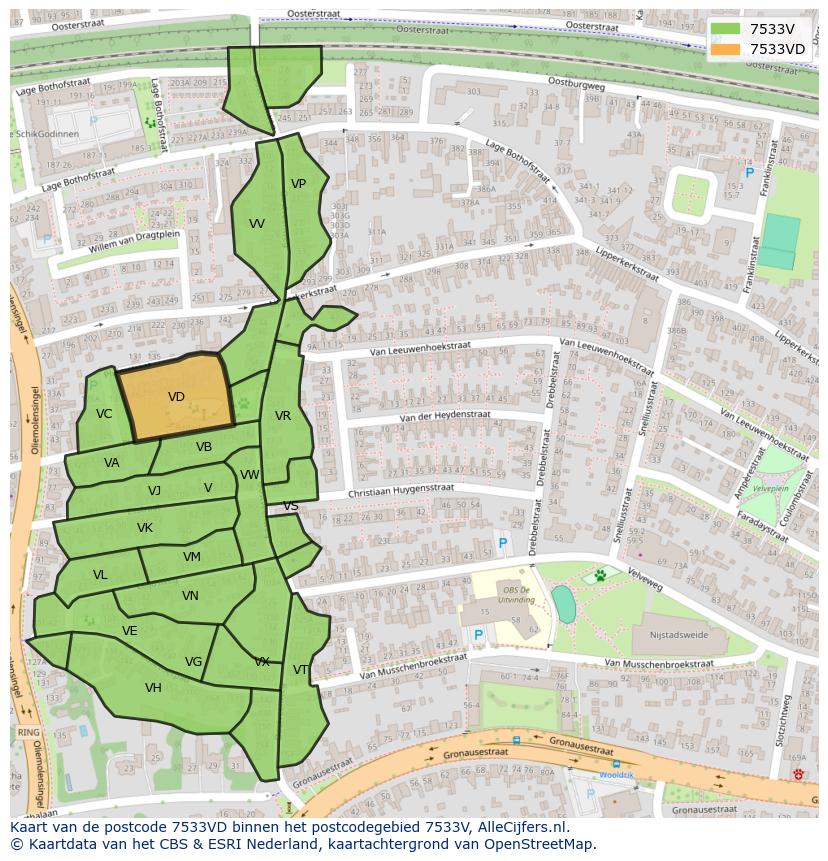 Afbeelding van het postcodegebied 7533 VD op de kaart.