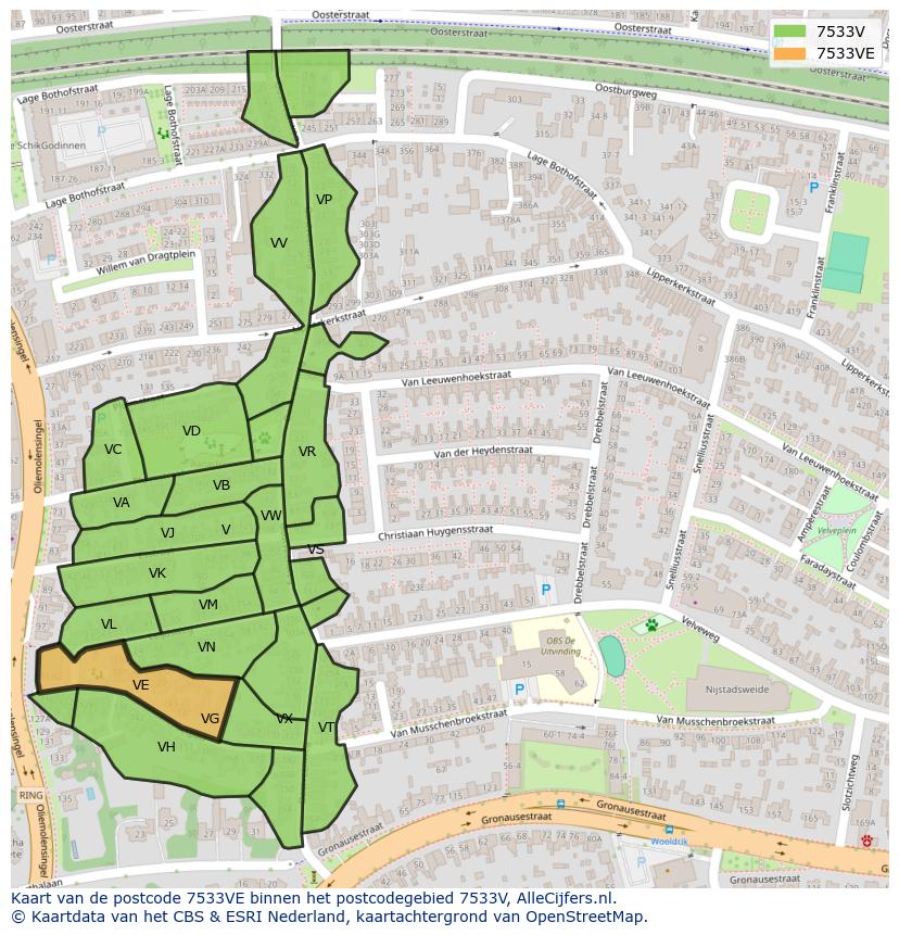 Afbeelding van het postcodegebied 7533 VE op de kaart.