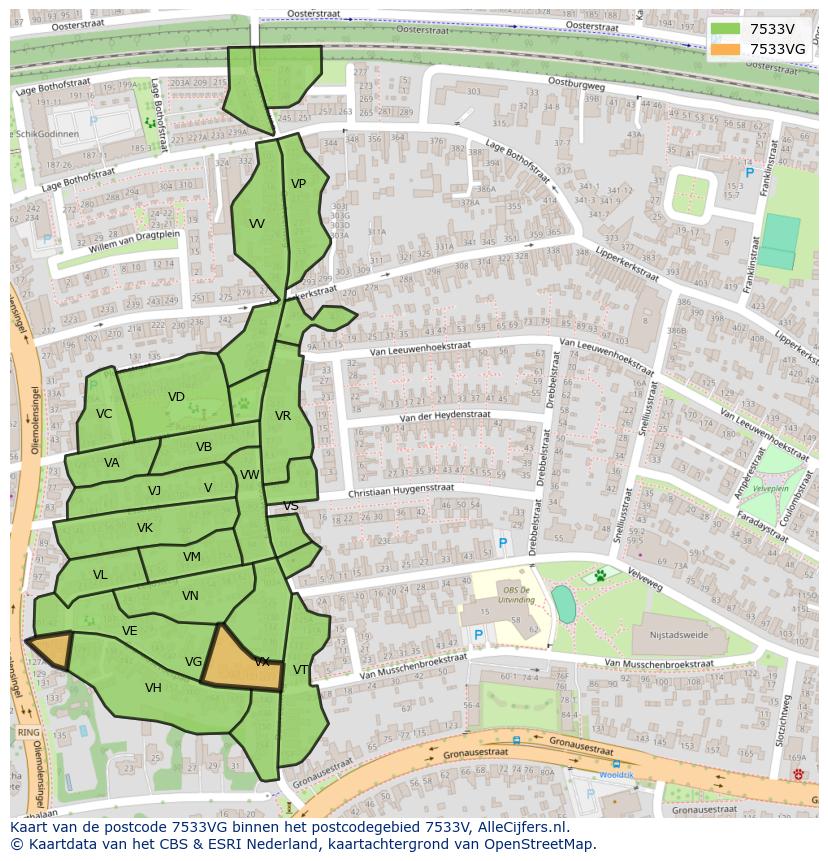 Afbeelding van het postcodegebied 7533 VG op de kaart.