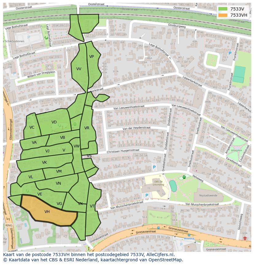 Afbeelding van het postcodegebied 7533 VH op de kaart.