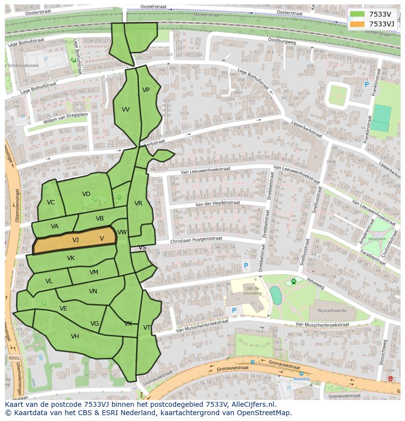 Afbeelding van het postcodegebied 7533 VJ op de kaart.