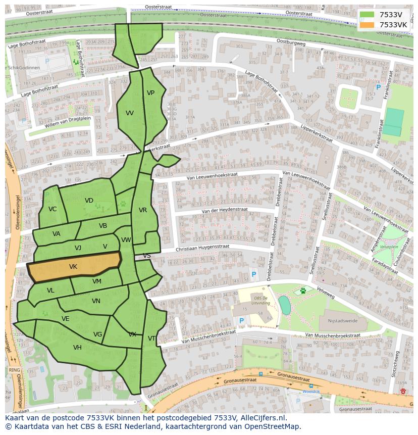 Afbeelding van het postcodegebied 7533 VK op de kaart.