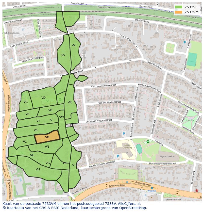 Afbeelding van het postcodegebied 7533 VM op de kaart.