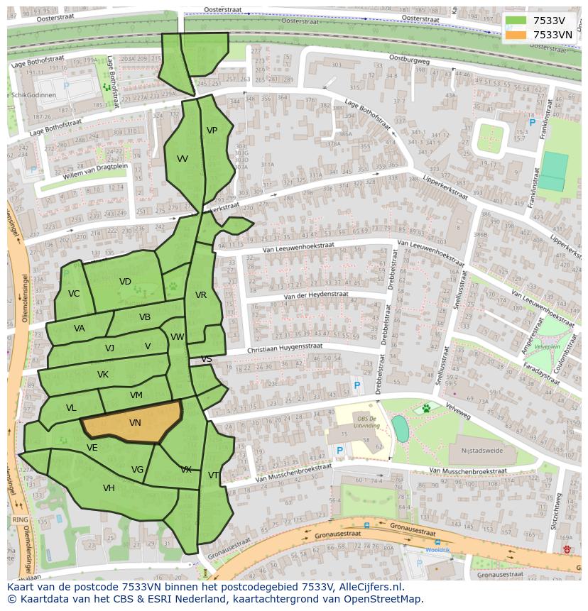 Afbeelding van het postcodegebied 7533 VN op de kaart.