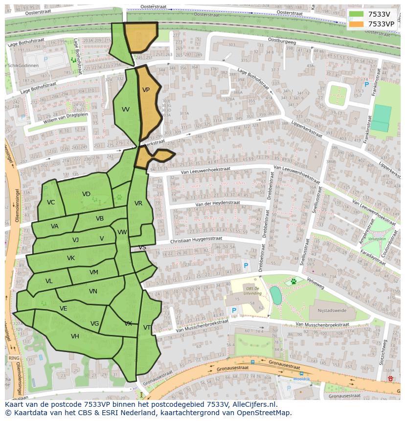 Afbeelding van het postcodegebied 7533 VP op de kaart.