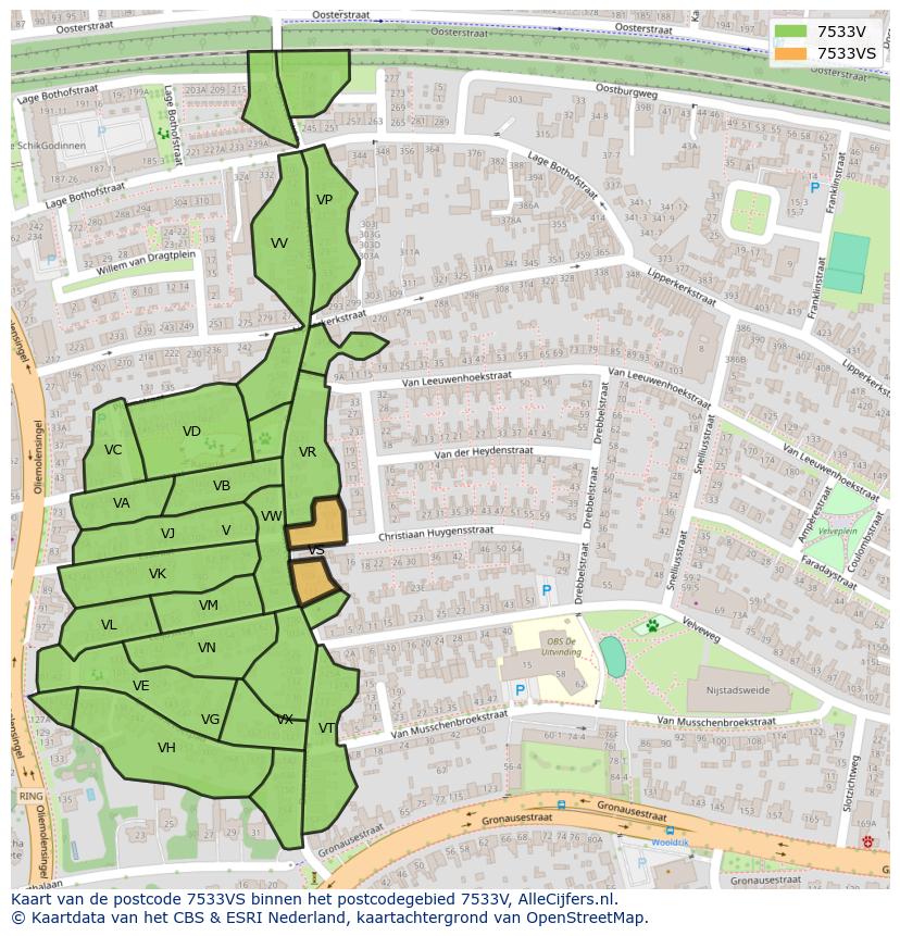 Afbeelding van het postcodegebied 7533 VS op de kaart.