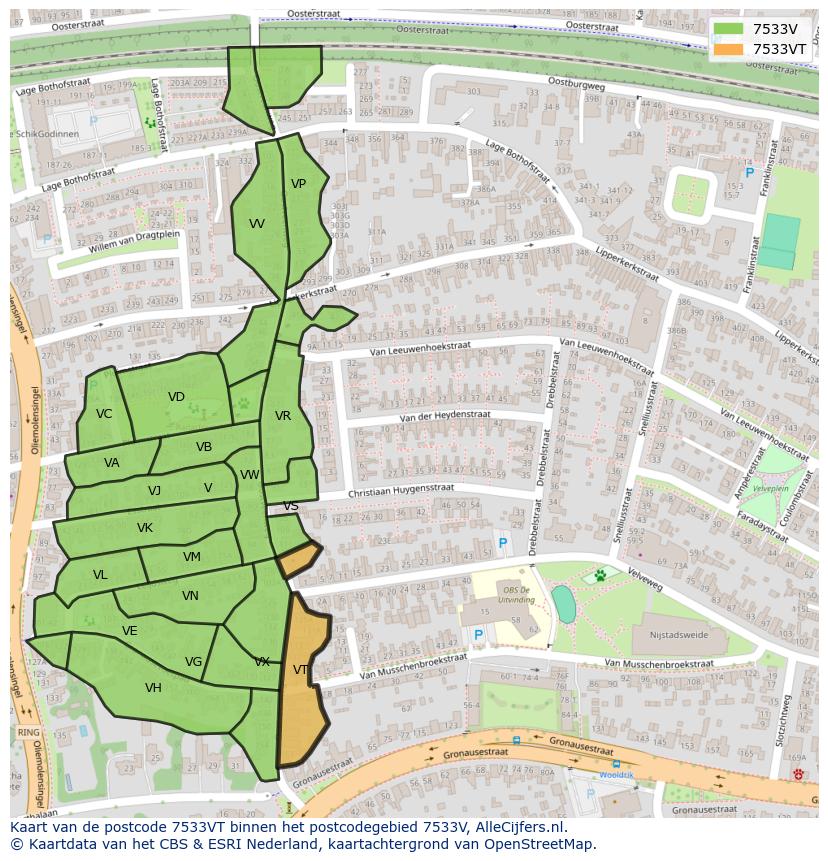 Afbeelding van het postcodegebied 7533 VT op de kaart.