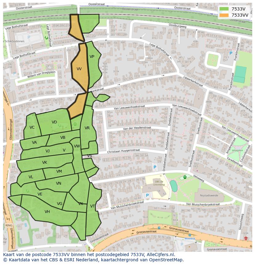 Afbeelding van het postcodegebied 7533 VV op de kaart.