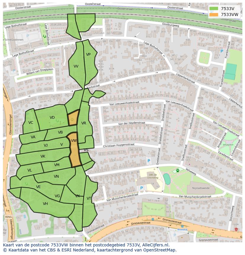 Afbeelding van het postcodegebied 7533 VW op de kaart.