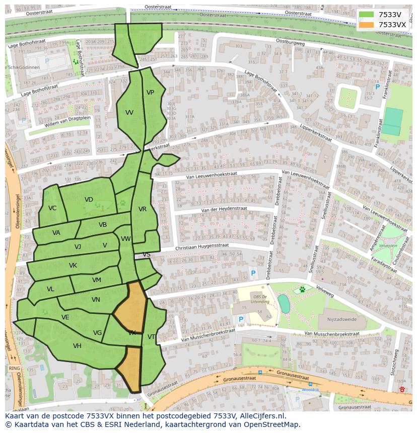 Afbeelding van het postcodegebied 7533 VX op de kaart.
