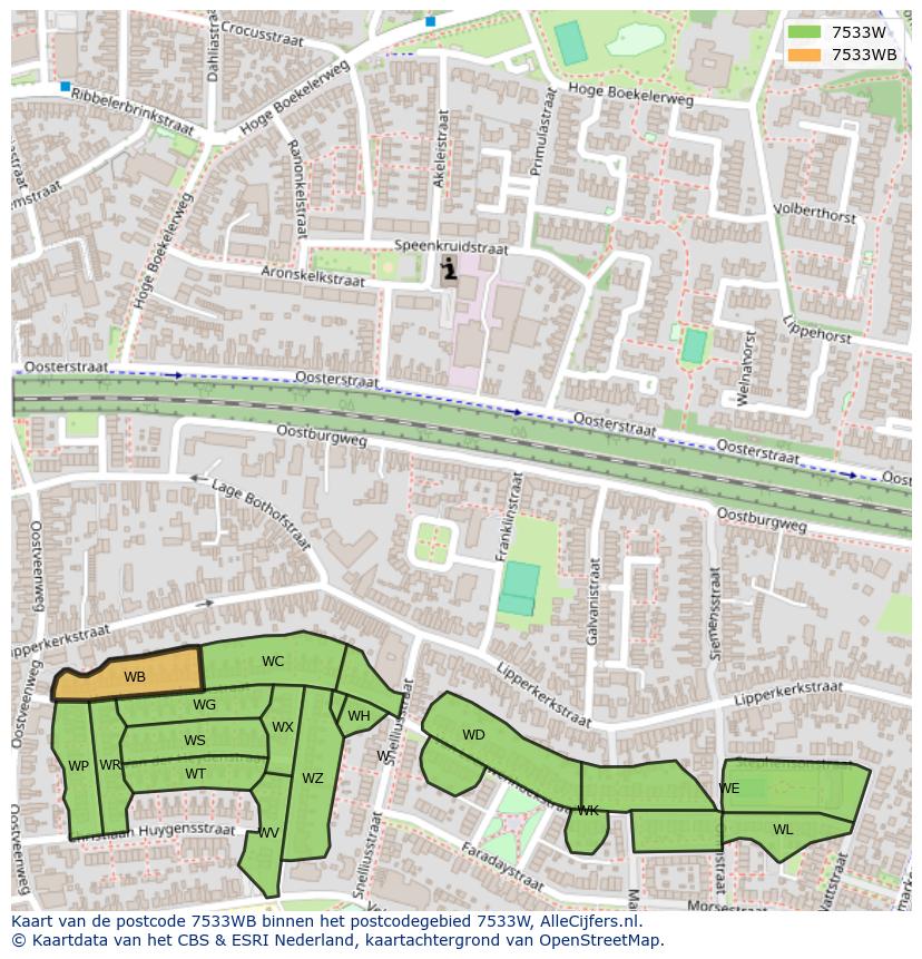 Afbeelding van het postcodegebied 7533 WB op de kaart.