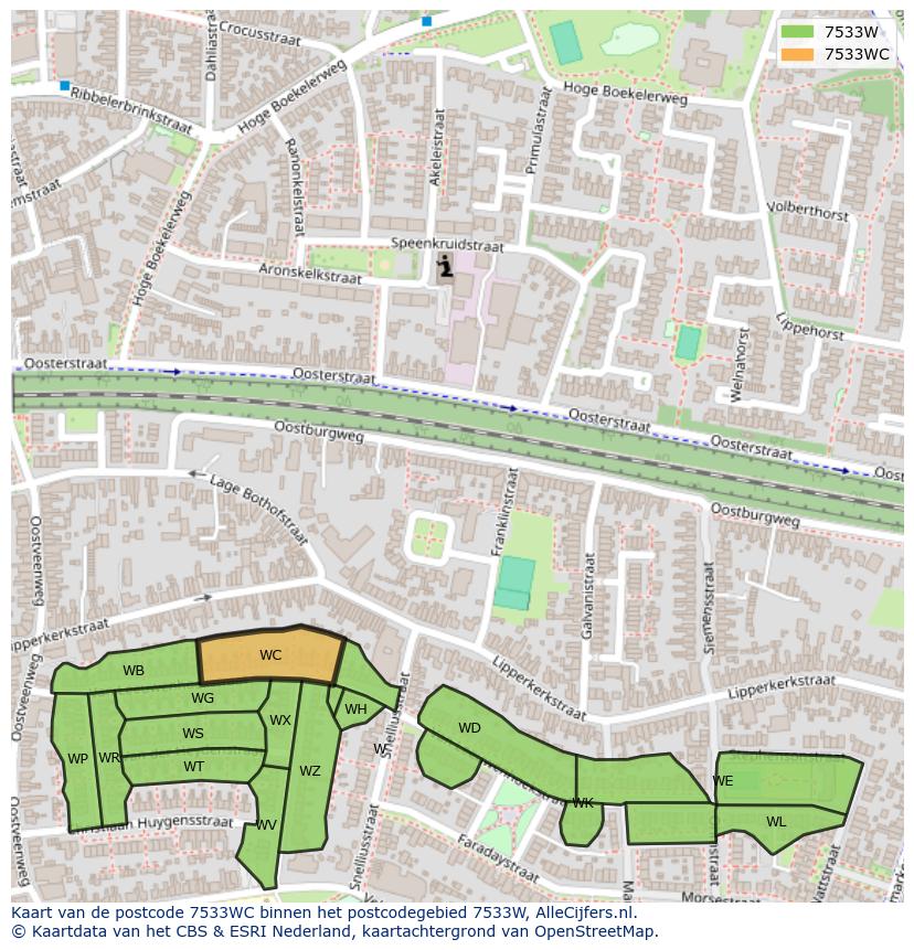 Afbeelding van het postcodegebied 7533 WC op de kaart.