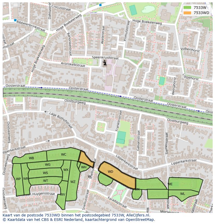 Afbeelding van het postcodegebied 7533 WD op de kaart.