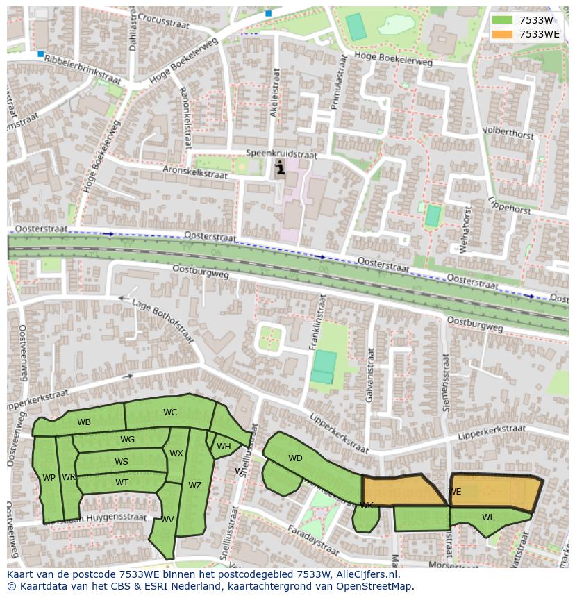 Afbeelding van het postcodegebied 7533 WE op de kaart.