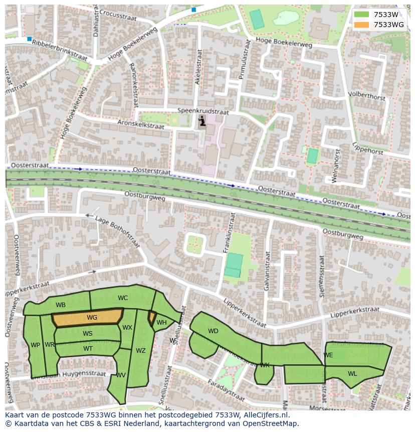 Afbeelding van het postcodegebied 7533 WG op de kaart.