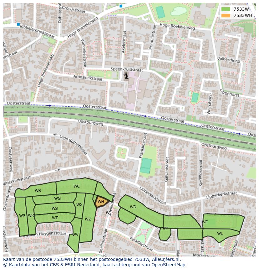 Afbeelding van het postcodegebied 7533 WH op de kaart.