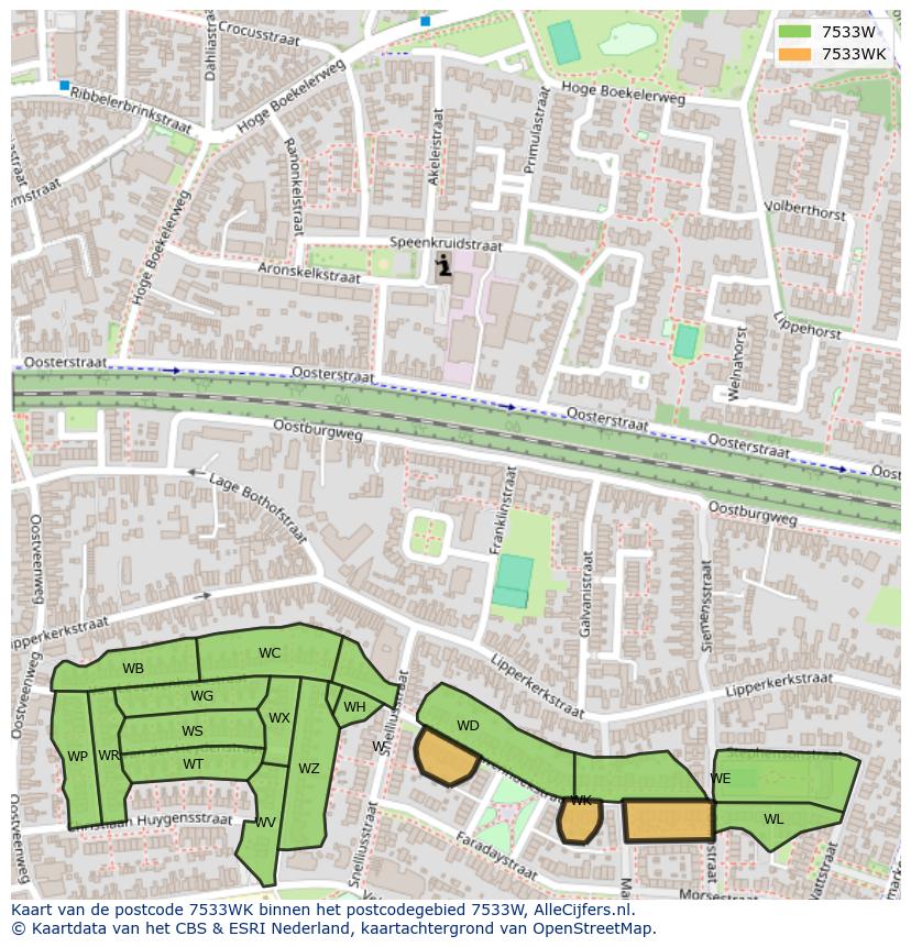 Afbeelding van het postcodegebied 7533 WK op de kaart.