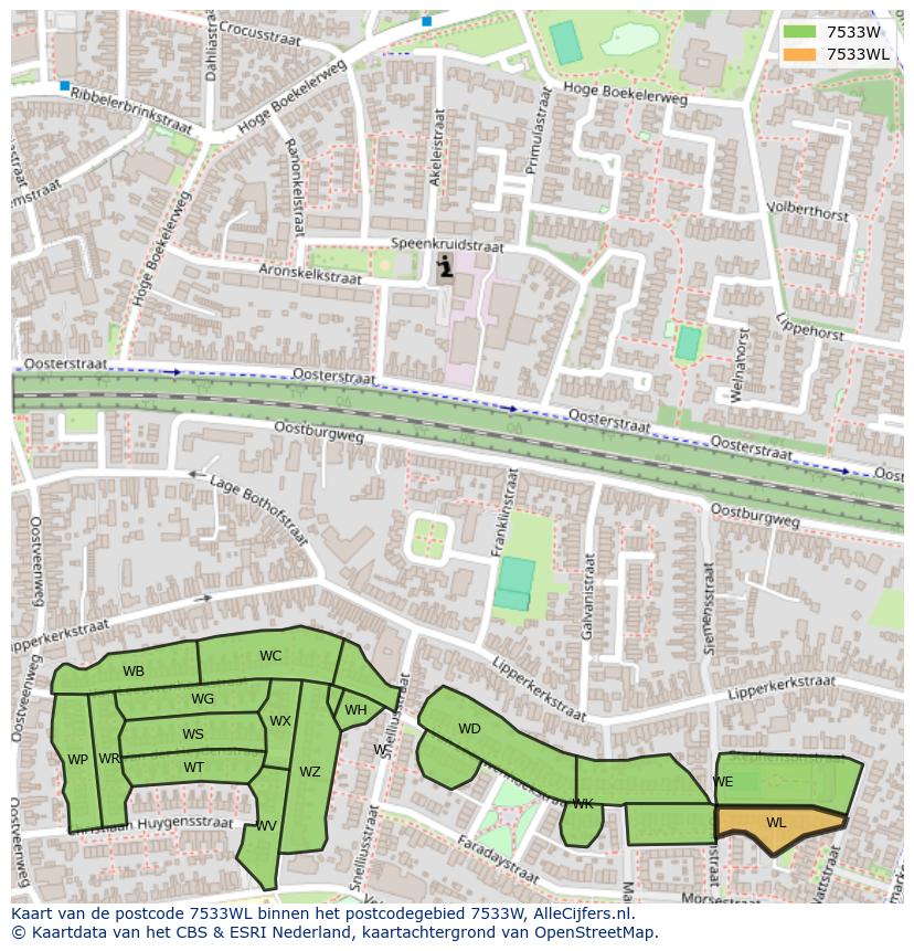Afbeelding van het postcodegebied 7533 WL op de kaart.