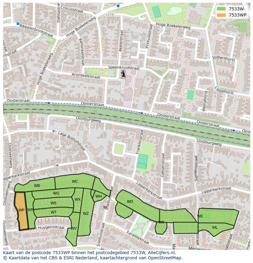 Afbeelding van het postcodegebied 7533 WP op de kaart.