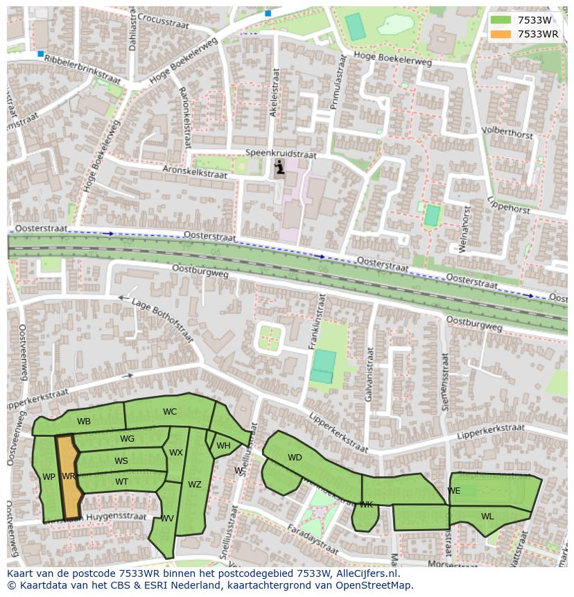 Afbeelding van het postcodegebied 7533 WR op de kaart.