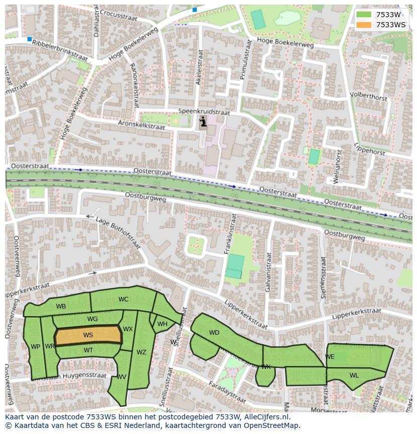 Afbeelding van het postcodegebied 7533 WS op de kaart.