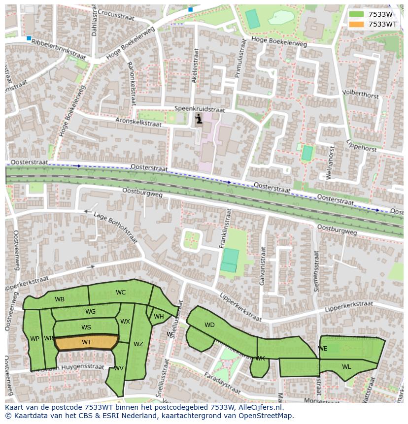 Afbeelding van het postcodegebied 7533 WT op de kaart.