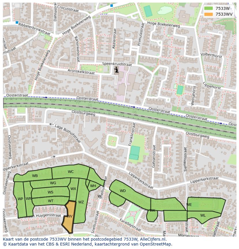 Afbeelding van het postcodegebied 7533 WV op de kaart.