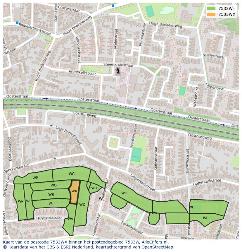 Afbeelding van het postcodegebied 7533 WX op de kaart.