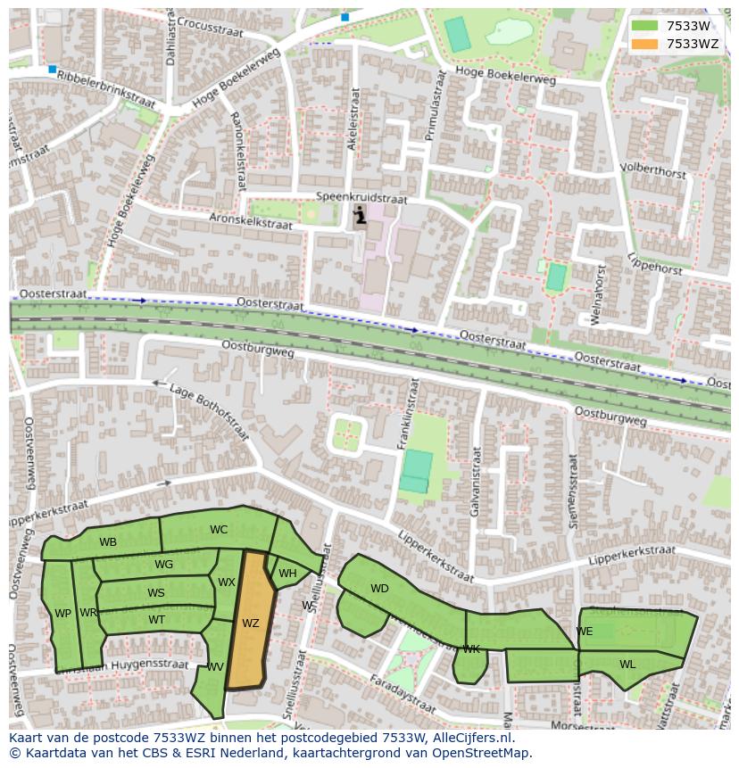 Afbeelding van het postcodegebied 7533 WZ op de kaart.