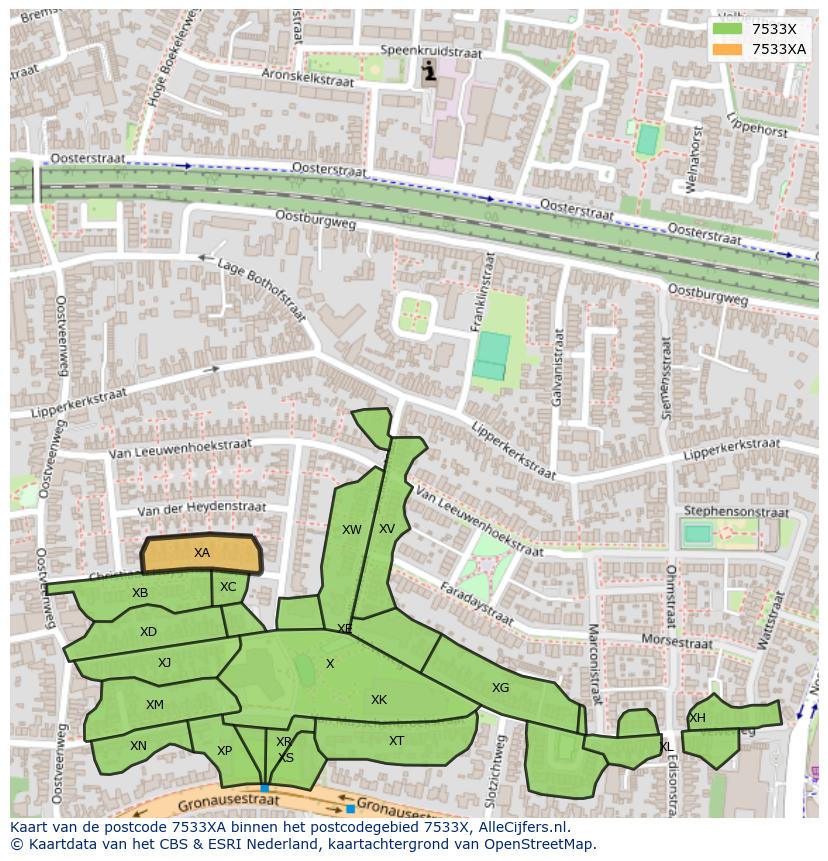 Afbeelding van het postcodegebied 7533 XA op de kaart.