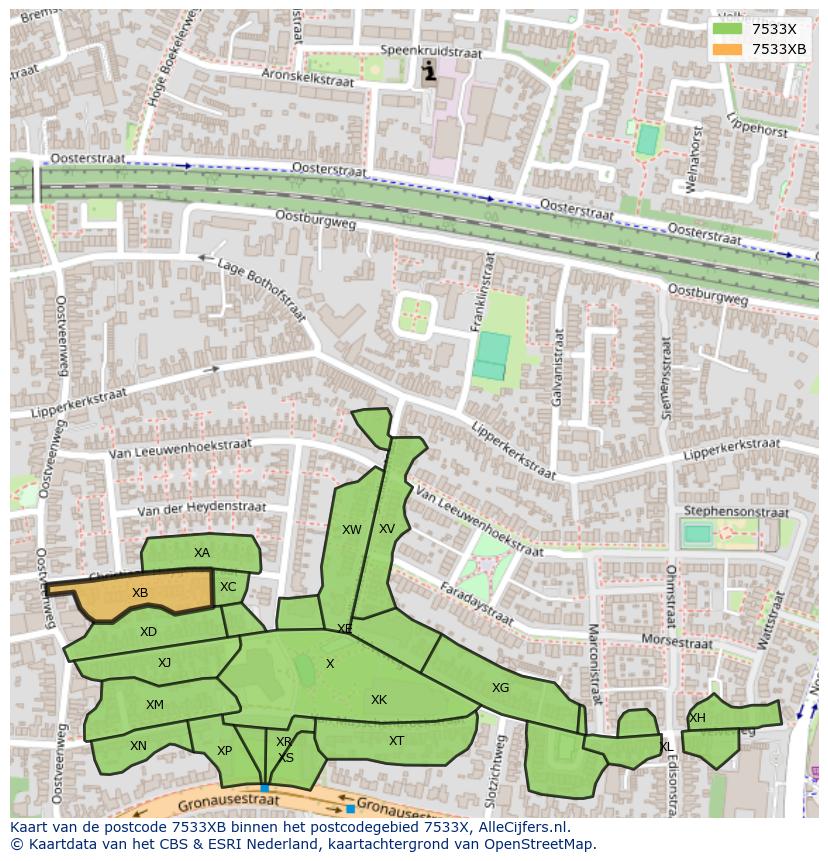 Afbeelding van het postcodegebied 7533 XB op de kaart.