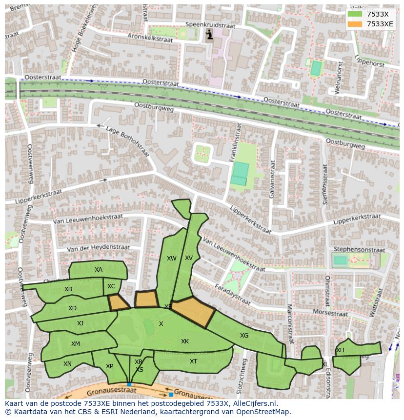Afbeelding van het postcodegebied 7533 XE op de kaart.
