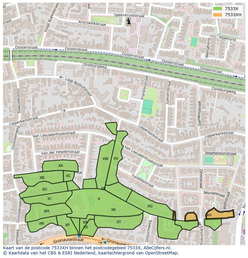 Afbeelding van het postcodegebied 7533 XH op de kaart.