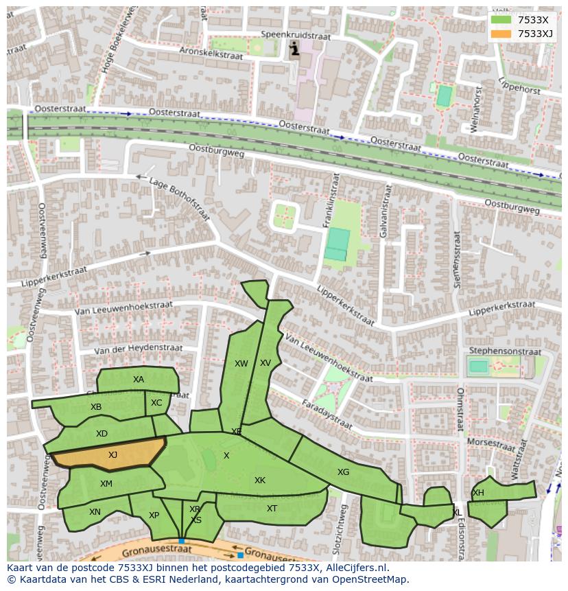 Afbeelding van het postcodegebied 7533 XJ op de kaart.