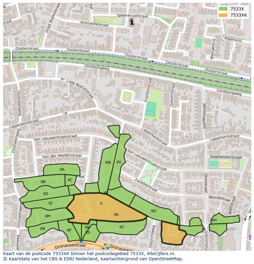 Afbeelding van het postcodegebied 7533 XK op de kaart.