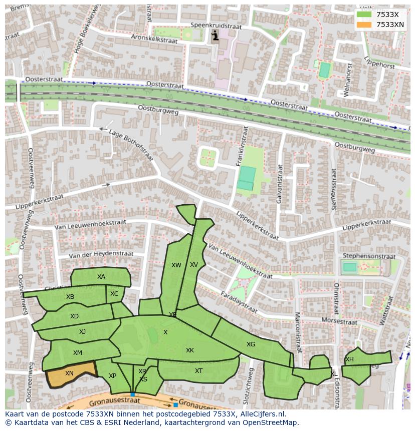 Afbeelding van het postcodegebied 7533 XN op de kaart.