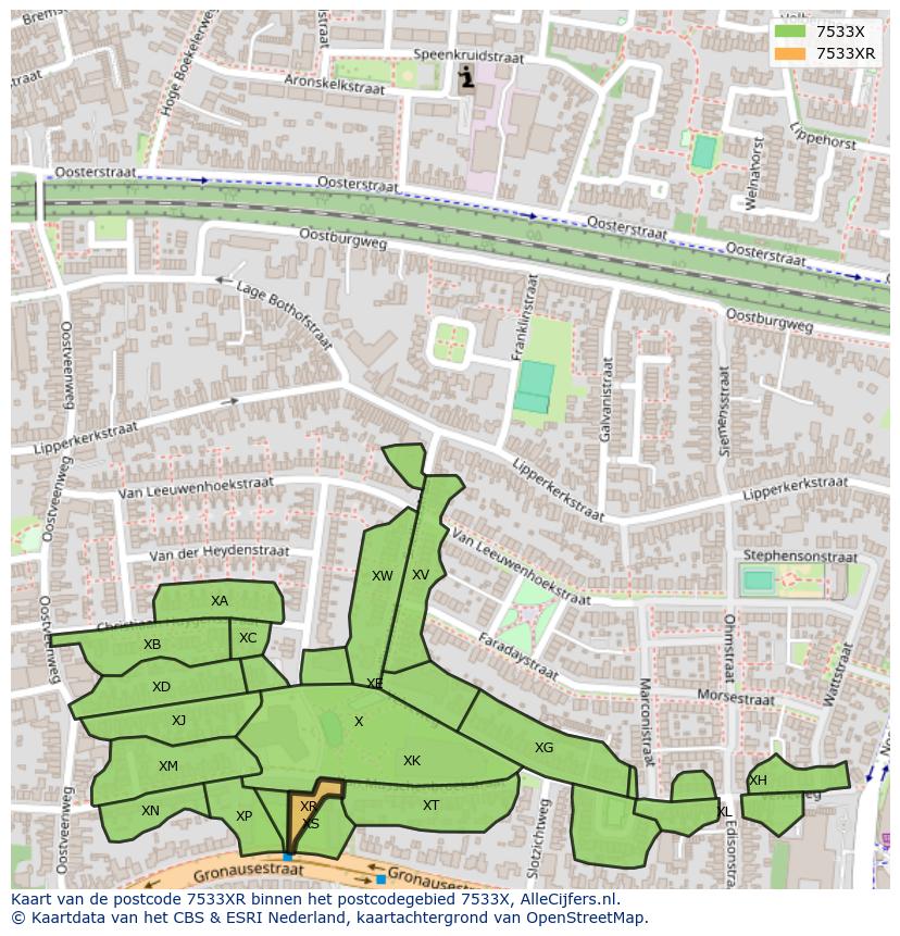 Afbeelding van het postcodegebied 7533 XR op de kaart.