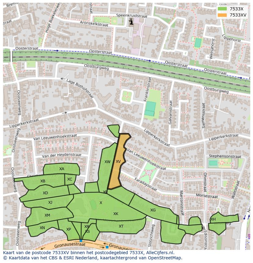 Afbeelding van het postcodegebied 7533 XV op de kaart.