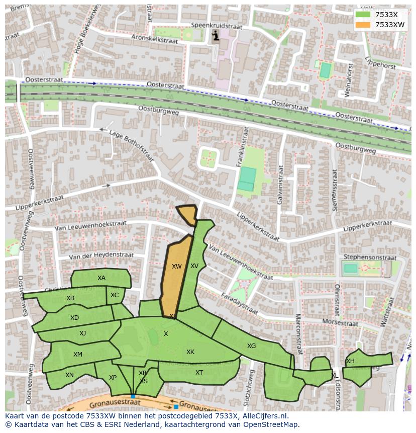 Afbeelding van het postcodegebied 7533 XW op de kaart.